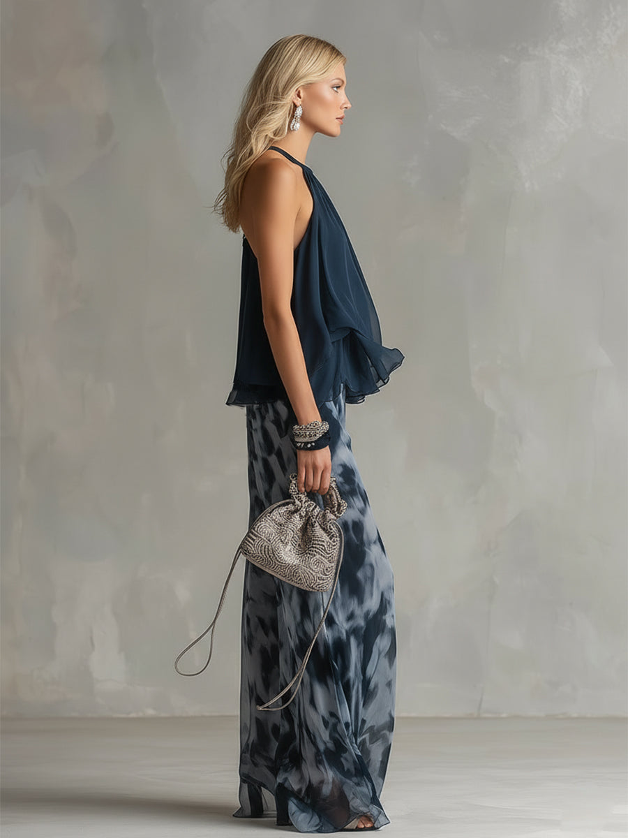 Ludovica | Completo con Top Halter e Pantaloni Ampi Stampati