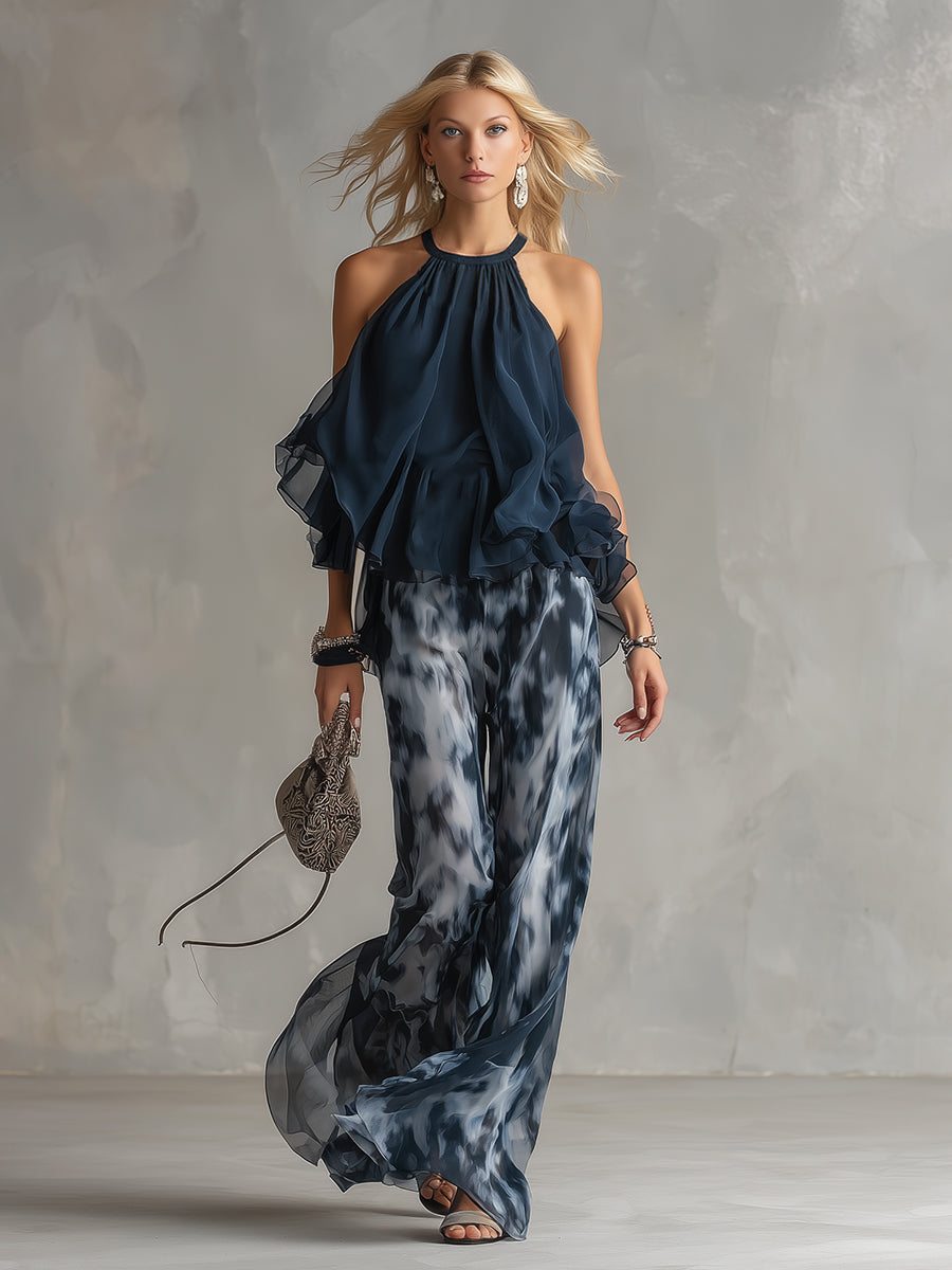 Ludovica | Completo con Top Halter e Pantaloni Ampi Stampati