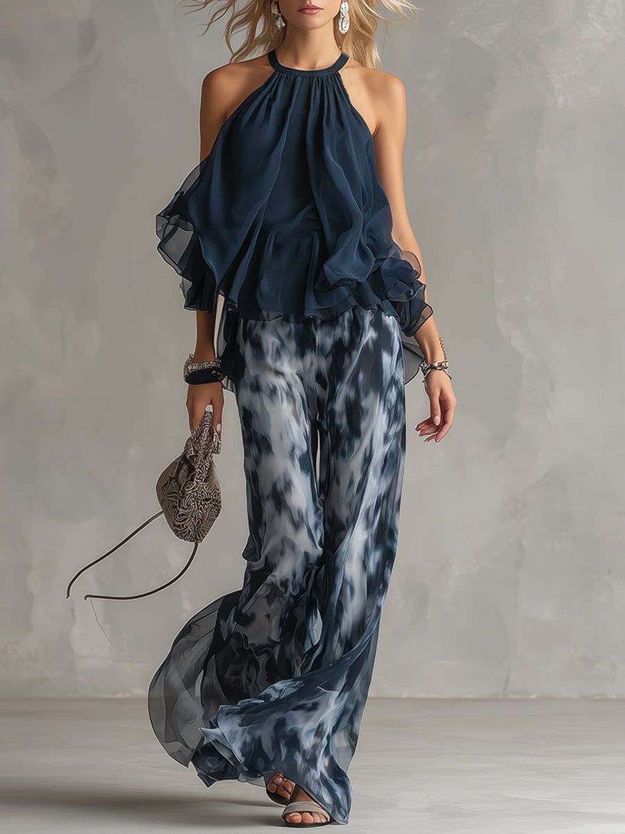 Ludovica | Completo con Top Halter e Pantaloni Ampi Stampati